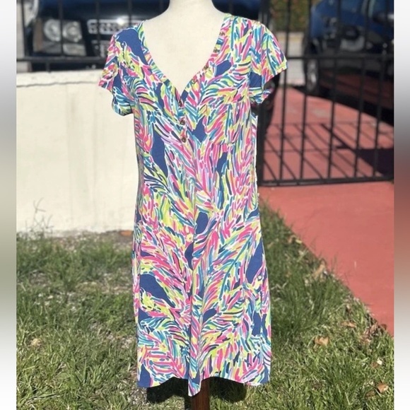 Lilly Pulitzer Palmira V Neck T-Shirt Dress Indigo Palm Size Large - Picture 3 of 8